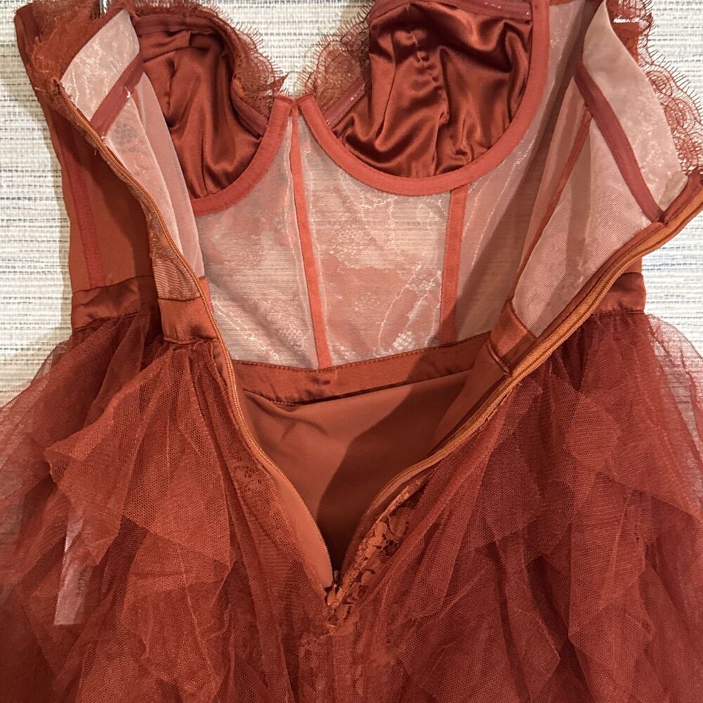For Love & Lemons X REVOLVE Bustier Gown Rust corset lace strapless Large - Picture 8 of 12